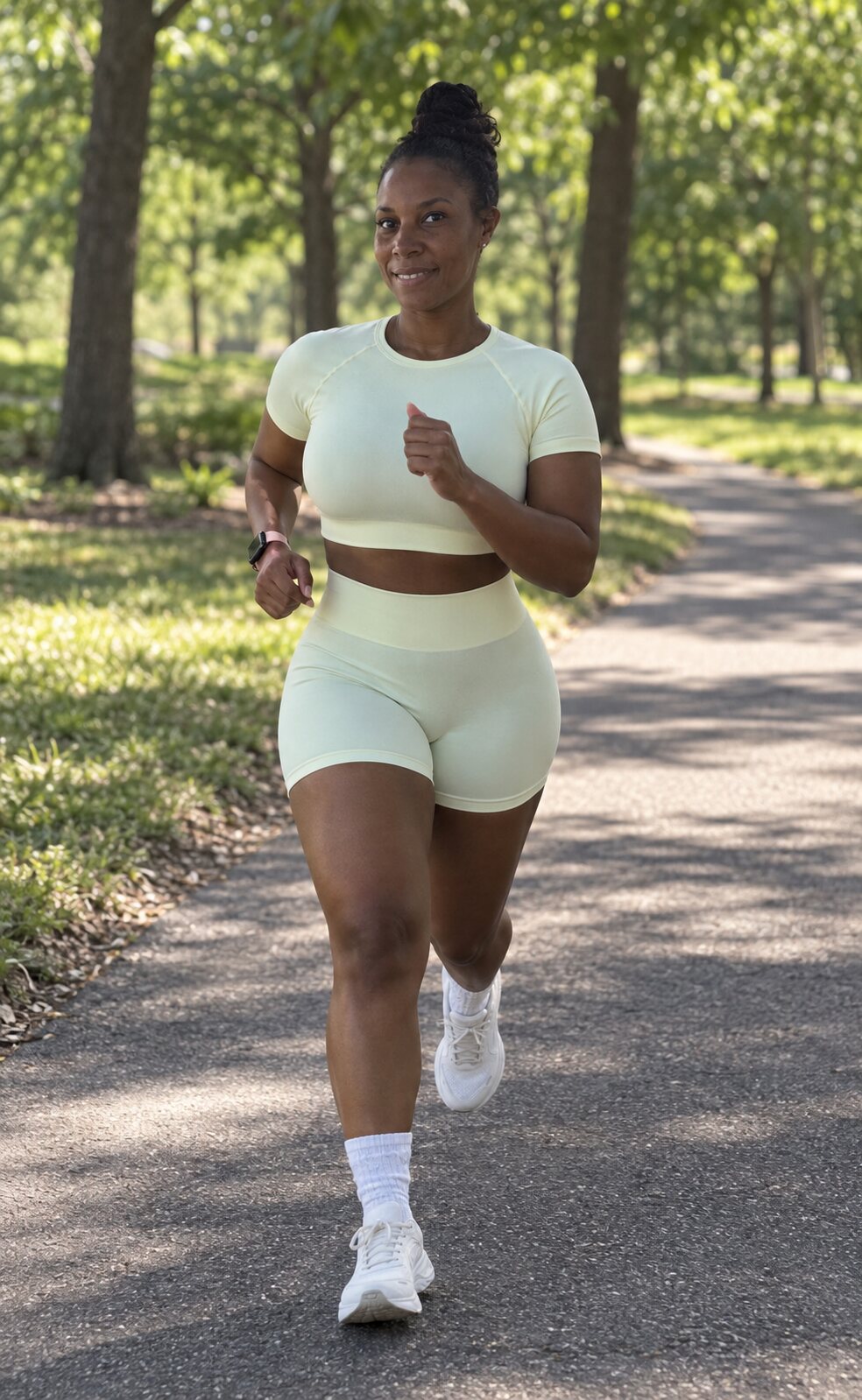 Andrea jogging on a tree-lined park path